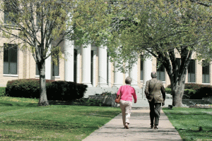 O'Days in Spring 2018 walking towards Administration Building